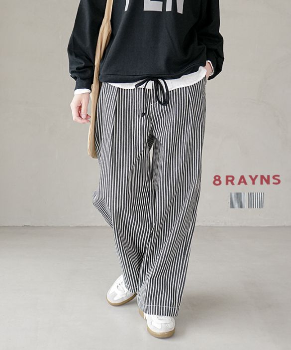 [8R-HIC-BG]8RAYNS(エイトレインズ)  ストレッチヒッコリー インタックイージーバギーパンツ バギージーンズ ストライプ 綿 コットン ボトムス ズボン レディース デニム