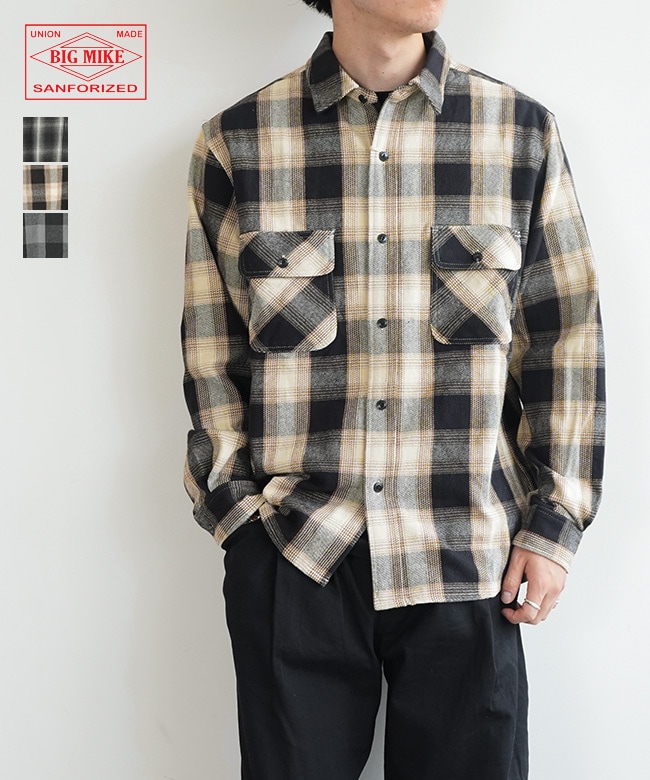 [102535100/1/6]BIG MIKE(ビッグマイク) ヘビーフランネル ロングスリーブ シャツ メンズ トップス ボタンシャツ ワークシャツ チェックシャツ 長袖 ネルシャツ