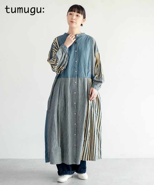 [TB25313]tumugu(ツムグ)デニム×ヒッコリーストライプ 2wayワンピース レディース ゆったり 古着風