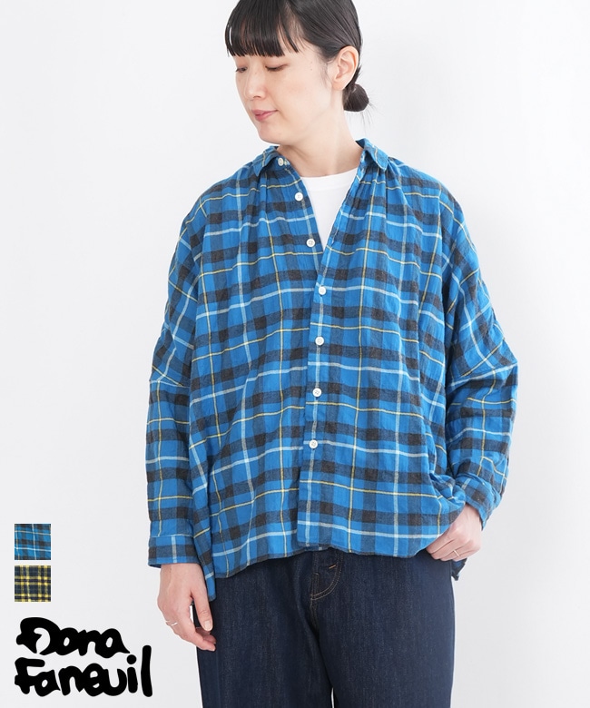 ■ダナファヌル DANA FANEUIL *チェックシャツワンピース*チュニック綿コットン紺ネイビー長袖レディース1019【31K91】
