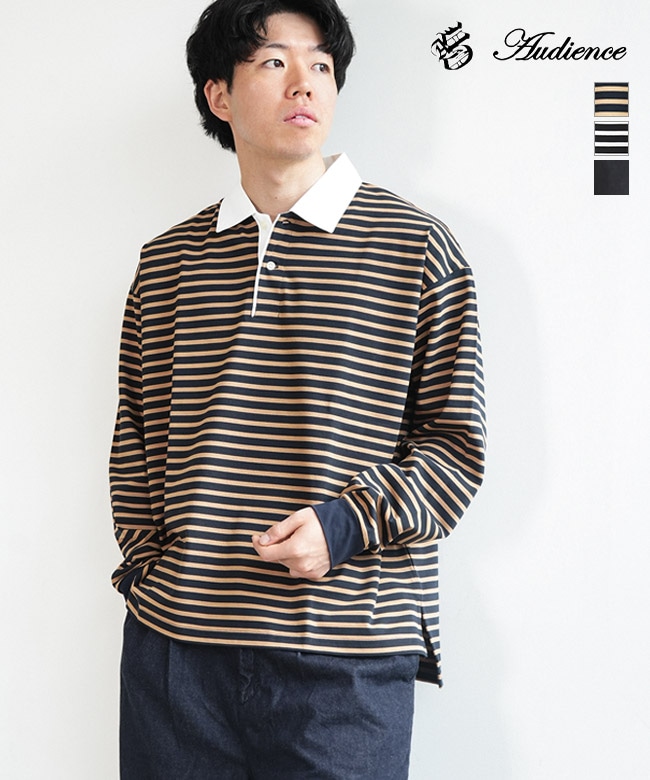 [AUD6670]Audience(オーディエンス) 透湿・UVカット「多機能COTTON」 引揃ハイゲージ天竺 & ボーダー (7オンス) ラグビーポロ 長袖 Tシャツ メンズ トップス プルオーバー ポロシャツ
