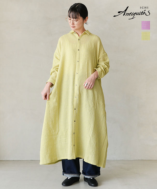 [1100308]ICHI Antiquites(イチアンティークス) ウールガーゼギンガムチェックドレス レディース ワンピース シャツ