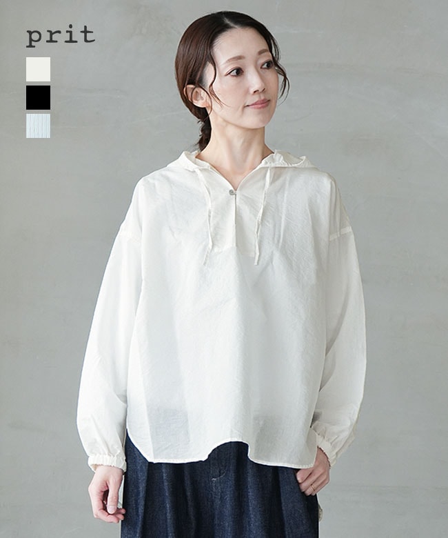 P81628]prit(プリット) エアリーコットンフードプルオーバーシャツ