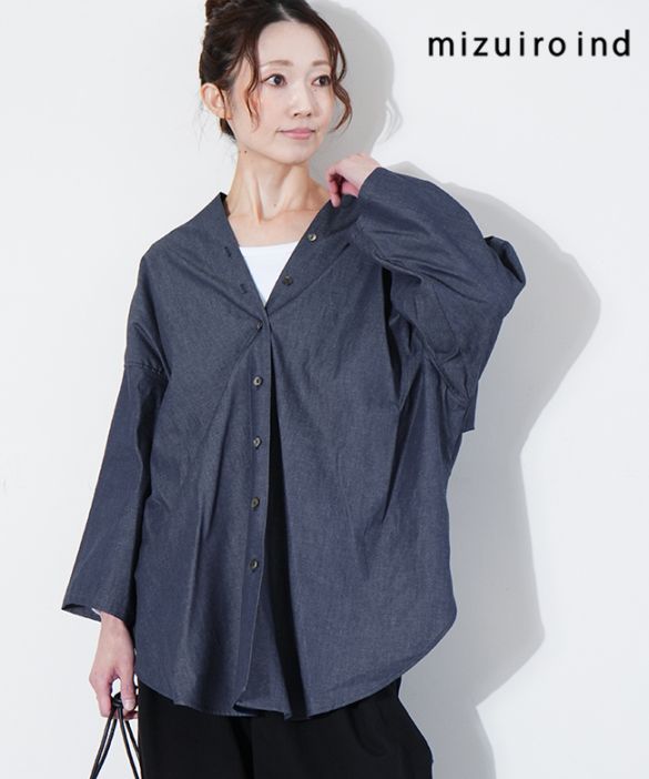 1-230156]mizuiro ind(ミズイロインド)Vネックデニムシャツ レディース