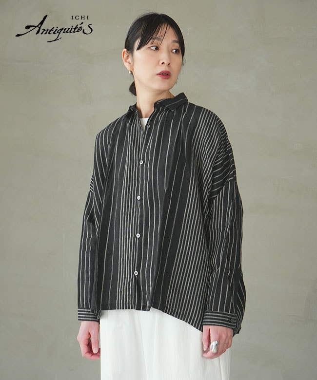 800910]ICHI Antiquites(イチアンティークス) LINEN RANDOM STRIPE SH