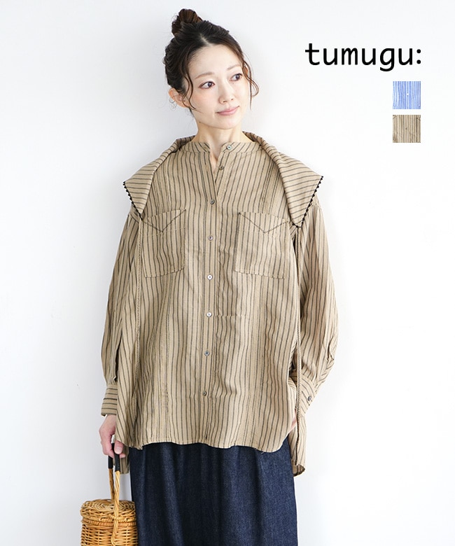 TB26102-B]【スカーフ付属】tumugu(ツムグ) テンセルリネンストライプ