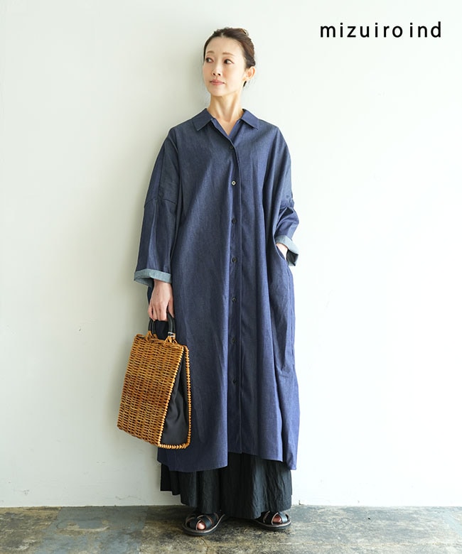 1-250083]mizuiro ind(ミズイロインド) デニムワイドシャツワンピース