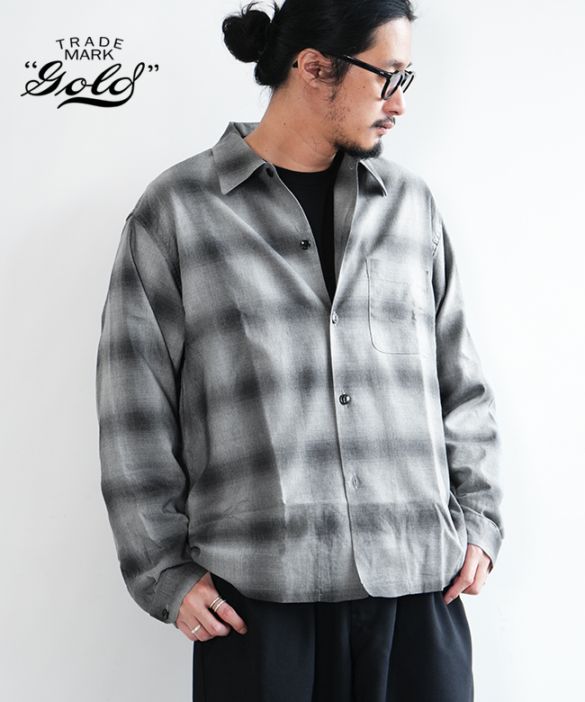 [GL29646]gold(ゴールド) COTTON × SILK NEL CHECK OPEN SHIRT コットン×シルク ネルチェックオープンシャツ メンズ トップス ボタンシャツ チェックシャツ 開襟シャツ 長袖 オンブレチェック