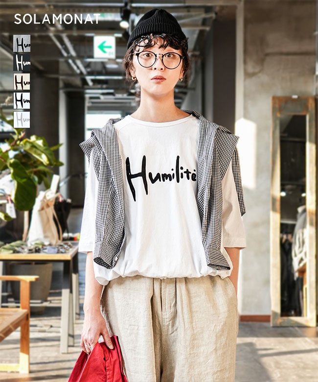◇SOLAMONAT(ソラモナ) パフ天竺 裾ヒモ五分袖プルオーバープリント Humilite レディース トップス ロゴ Tシャツ 半袖【メール便対応可】 [SMA-PUF-HIMO-HUMI]