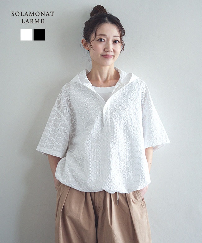 ◇SOLAMONAT LARME(ソラモナラーム) 刺繍レースフーディ トップス プルオーバー シャツ ブラウス セットアップ可能 [LARM-IT-SIFD]