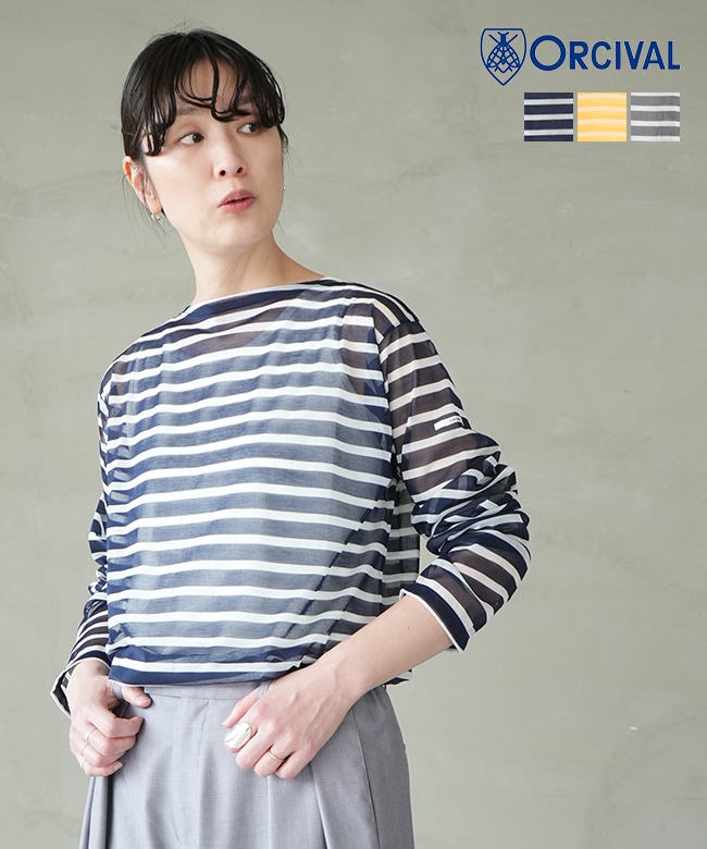 オーシバル　シースルー　ボートネック長袖カットソー　ネイビー　サイズ2（ＭL） ORCIVAL（オーシバル） tシャツ | シースルー ボートネック長袖