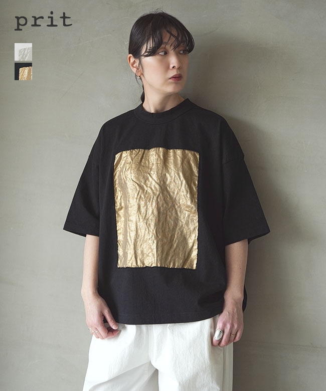 prit(プリット) 17/1空紡天竺×40/1リネン箔プリント 5分袖フレームＴシャツトップス 半袖 カットソー【メール便対応可】 [P91605]