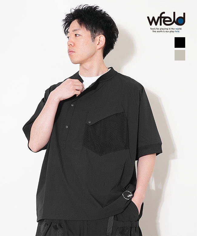 味な副音声　hungryTシャツ wfeld(フェルド) Asym Grid Henley Neck Shirt アシンメトリー