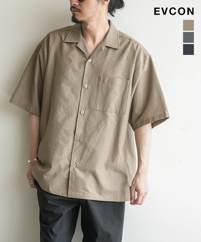 EVCON(エビコン) SEERSUCKER OPEN COLLAR SHIRT シアサッカー オープンカラーシャツ メンズ トップス ボタンシャツ 半袖 開襟シャツ [261-91302]
