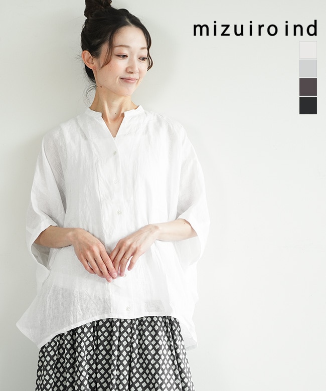mizuiro ind(ミズイロインド) リネンスタンドカラーコクーンシャツ