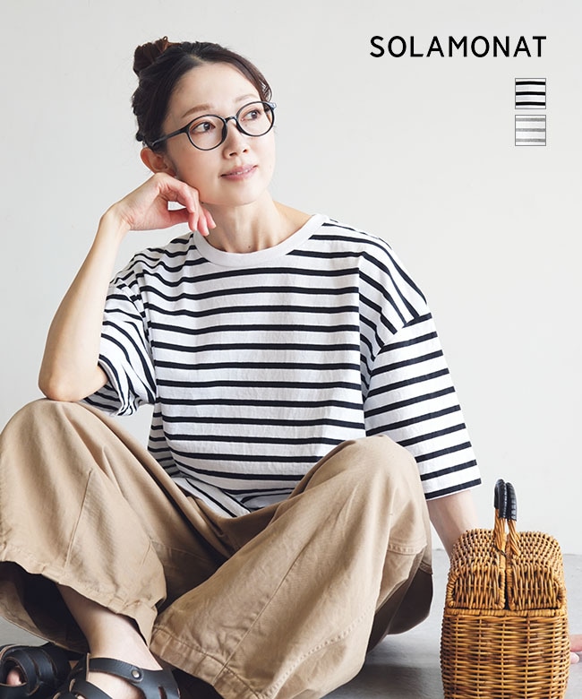 ◇SOLAMONAT(ソラモナ) パフ天竺 ボーダーハーフスリーブT トップス ボーダーTシャツ プルオーバー カットソー 半袖【日本製】【メール便対応可】 [SMA-PUF-BDHF]