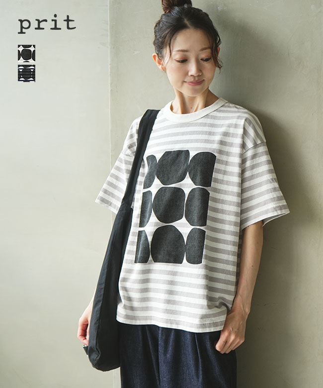 prit(プリット) 18/1空紡度詰天竺ボーダー フレームドットプリントTシャツ トップス ボーダーTシャツ 半袖 5分袖 カットソー【メール便対応可】 [P92645]