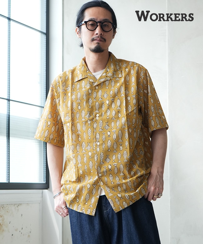 WORKERS(ワーカーズ) Open Collar Shirt -Fish Block Print-オープン