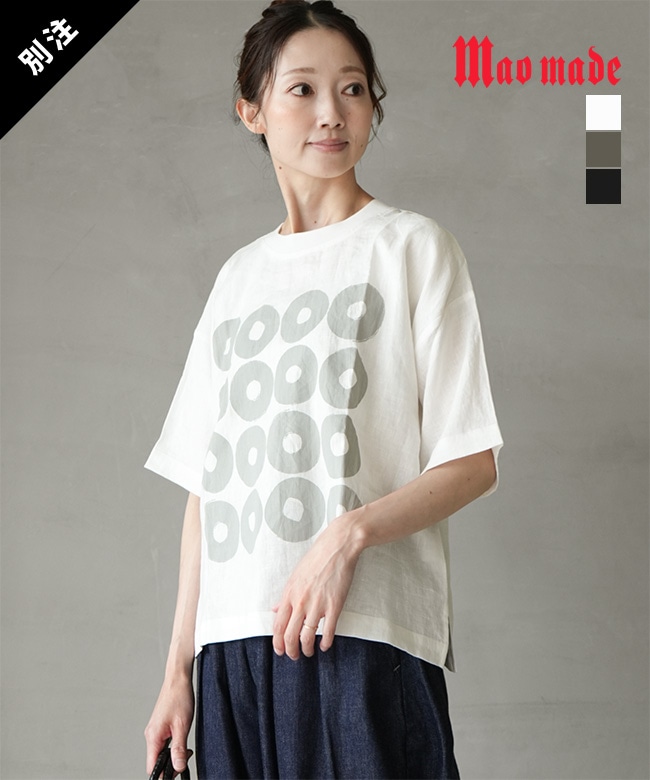 mao made(マオメイド) 別注 リネンサークルプリントPO 布帛TEE ドーナツ Tシャツ カットソー プルオーバー 【メール便対応可】 [992315]