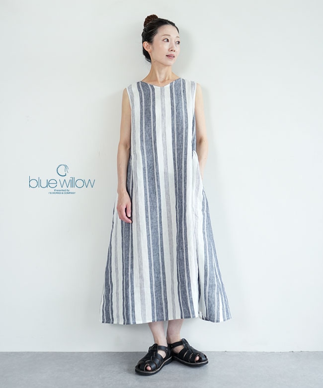 blue willow(ブルーウィロー) Lノースリーブギャザーワンピース