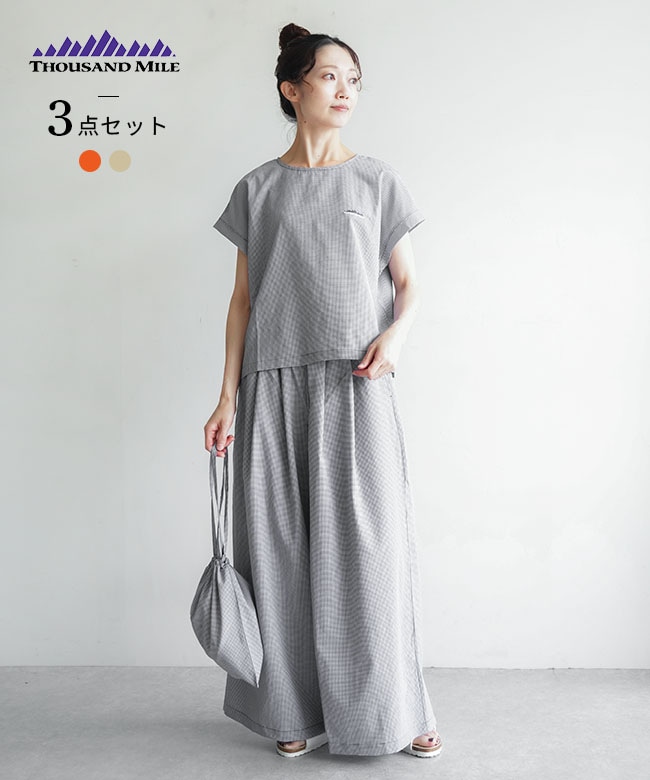 【3点セット】THOUSAND MILE(サウザンドマイル) FRENCH SLEEVE SHIRT & LONG PANTS SET HIGH AIR PERMEABILITY CHECK フレンチスリーブシャツ ロングパンツセット[TM261CK00362]