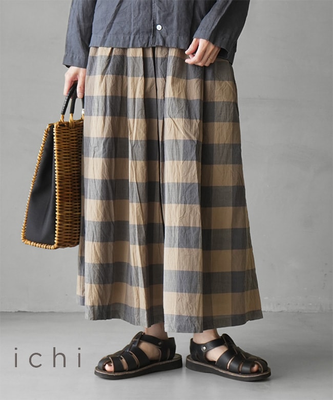 ICHI(イチ) チェックスカート 裏地付きブロックチェックロングスカート