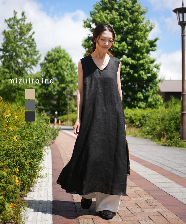 mizuiro ind(ミズイロインド) linen V neck flare OPリネンVネック