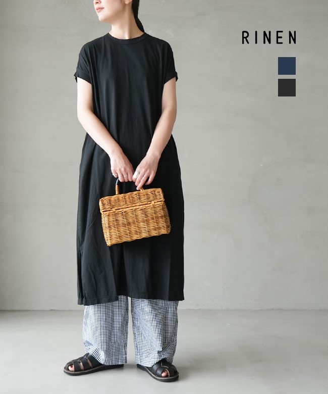 RINEN(リネン)60/2スーピマ天竺 フレンチスリーブスリットワンピース トップス レディース クルーネック ロング丈 [R19619]