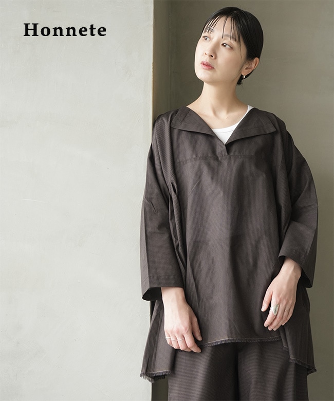 HONNETE(オネット) コットンシルクギンガムサイドギャザーシャツ