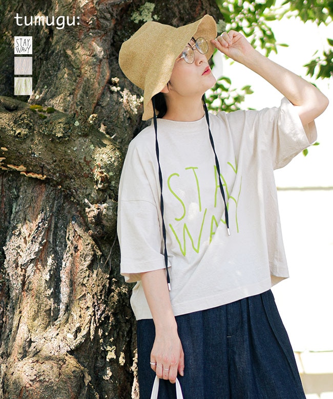 tumugu(ツムグ)ラフィ天竺 プリントT-STAY WAVY-ロゴTシャツ プルオーバー カットソー 半袖 五分袖 5分袖 レディース【メール便対応可】[TC26221]