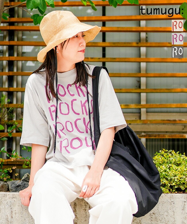 tumugu(ツムグ)ラフィ天竺 プリントTシャツ(ROCKS) レディース トップス ロゴTシャツ カットソー 半袖 英字 ロゴプリント【メール便対応可】 [TC26220]