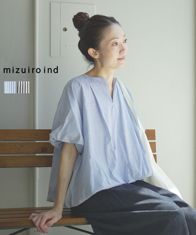 【SALE 10%OFF】mizuiro ind(ミズイロインド)stripe no collar ballon P/O ストライプ ノーカラー バルーン プルオーバー トップス Tシャツ カットソー 半袖  [2-230145] セール