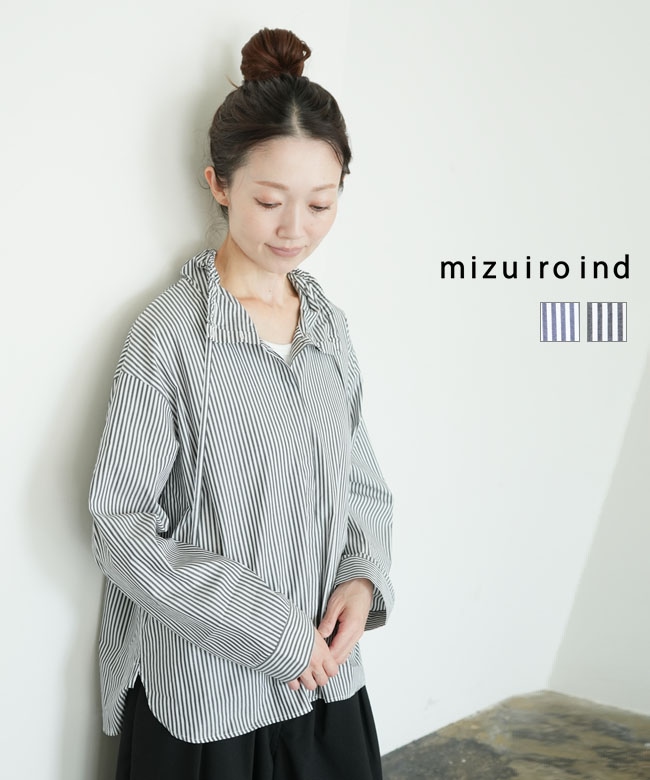 mizuiro ind - 良好 mizuiro ind ミズイロインド gathered neck P/O プルオーバー 半袖カットソー   グレー  レディース 　240001148646 mizuiro ind(ミズイロインド)stripe gather neck shirt ストライプ