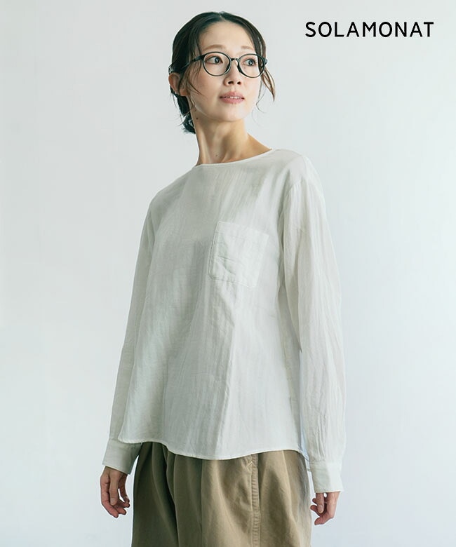 ◇SOLAMONAT(ソラモナ) ダブルガーゼクルーネックプルオーバー ブラウス シャツ 綿 コットン ウッディーハウス【日本製】 [SMA-HD-CNC]