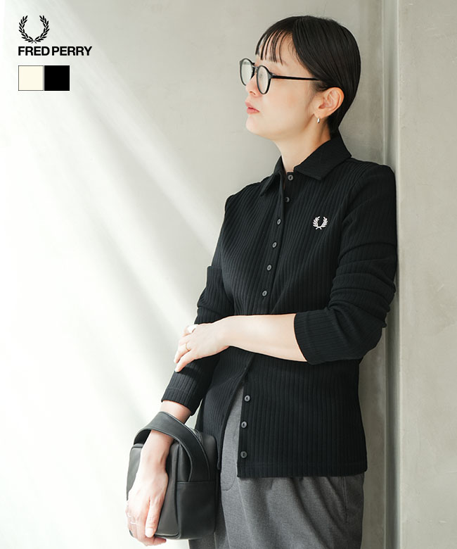 FRED PERRY(フレッドペリー) Wide Rib Button-Through Polo Shirt ワイドリブ ボタンスルー ポロシャツ フルオープン トップス 長袖 レディース [G3163]