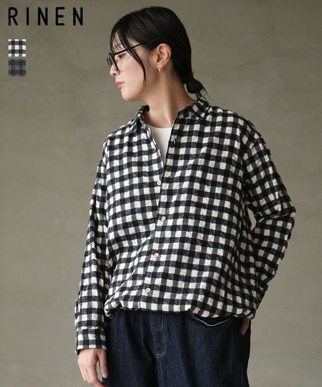 RINEN(リネン) コットンチェック起毛 裾ヒモレギュラーカラーシャツ