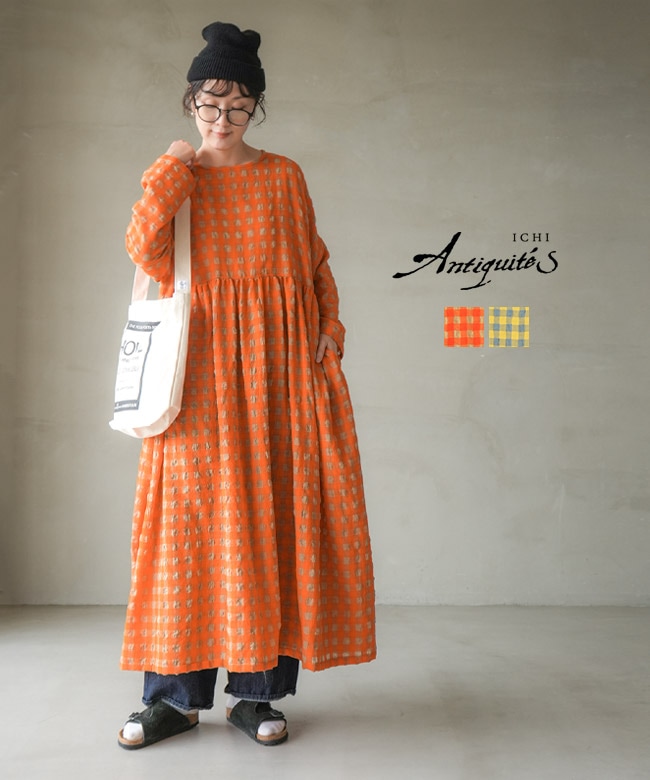 ICHIAntiguites　イチアンティークス　草木染めワンピース ICHI Antiquites(イチアンティークス) コットンウールギンガムチェック