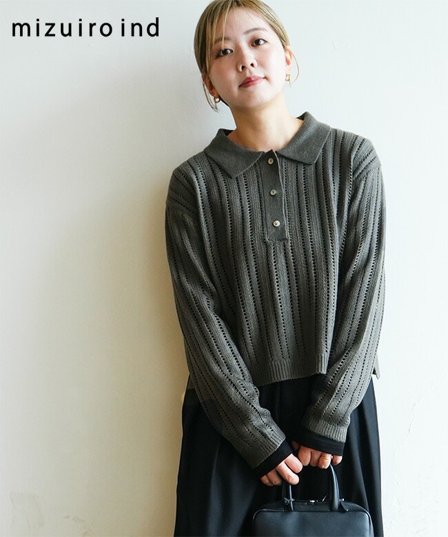 mizuiro ind(ミズイロインド)foil printing mesh polo knit 箔プリント
