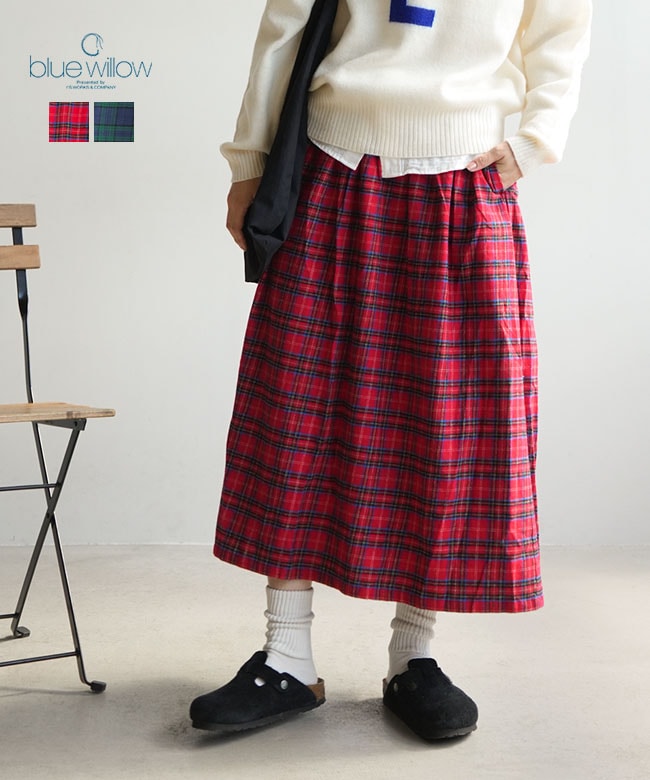 blue willow(ブルーウィロー) Cチェックギャザースカート レディース ボトムス ミモレ丈 ロング丈 [01FWP13507]