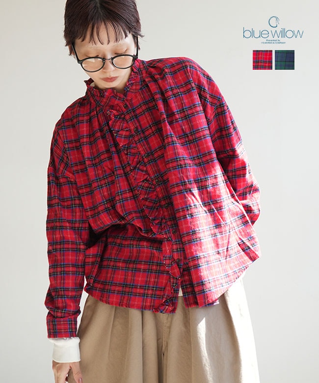 blue willow(ブルーウィロー) Cチェック裁ち切りフリルブラウス シャツ