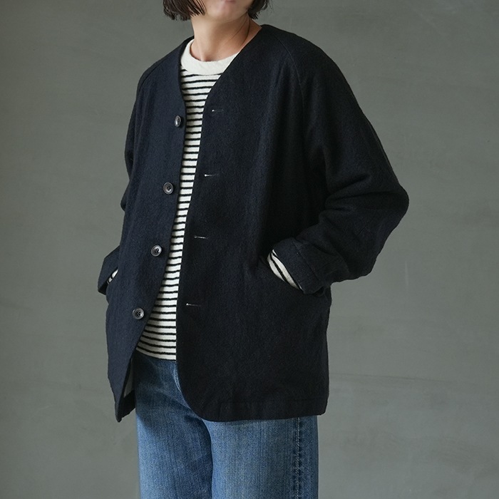R27505]RINEN(リネン) 2/48ウール綾織 ラグランノーカラージャケット