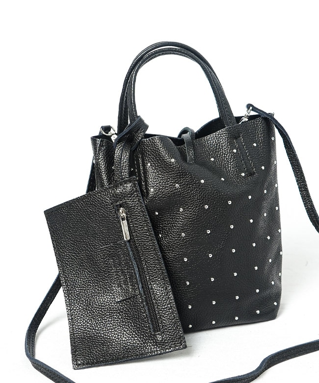 未使用級 マーロン ショッパー ミニ スタッズ トート 2way ショルダー 黒 MARLON FIRENZE マーロンフィレンツェ BS0583 SHOPPER MINI
