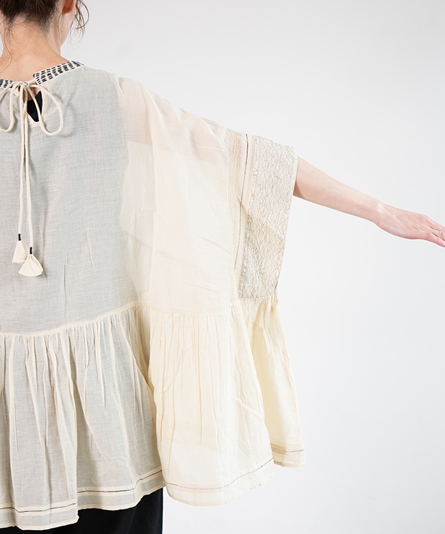 SALE 50%OFF】tumugu(ツムグ)ステッチワークカディコットン ポンチョ