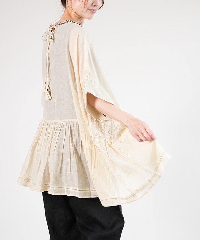 SALE 50%OFF】tumugu(ツムグ)ステッチワークカディコットン ポンチョ