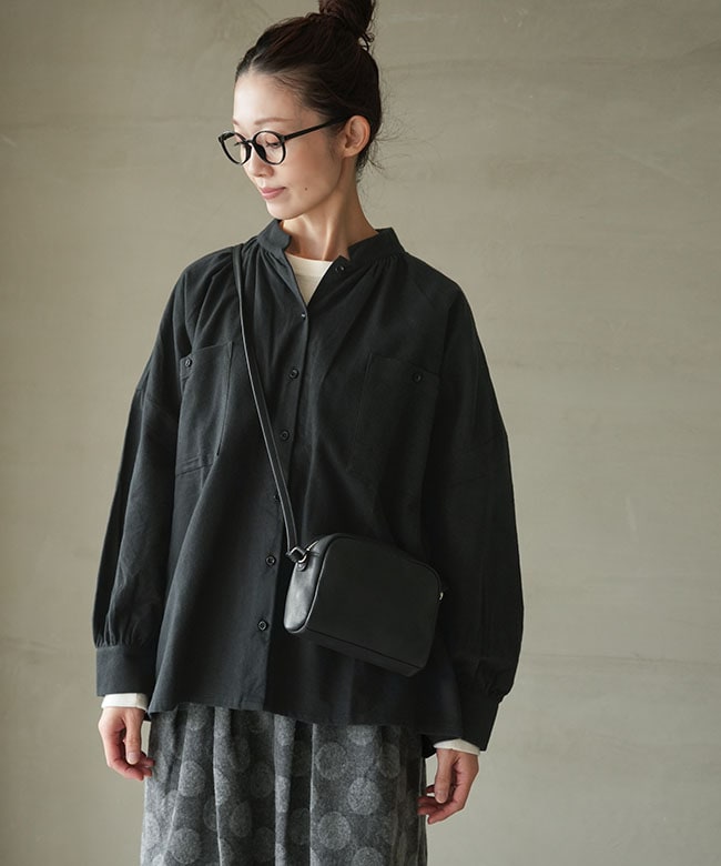 V12 ブラック ラウンドネックシャツ SET-1091]SETTEN(セッテン) ネル起毛 ギャザーネックワイドシャツ