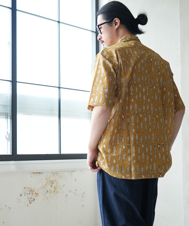WORKERS(ワーカーズ) Open Collar Shirt -Fish Block Print-オープン