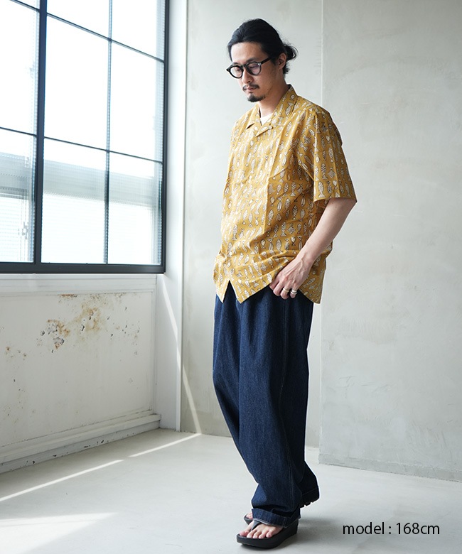 WORKERS(ワーカーズ) Open Collar Shirt -Fish Block Print-オープン