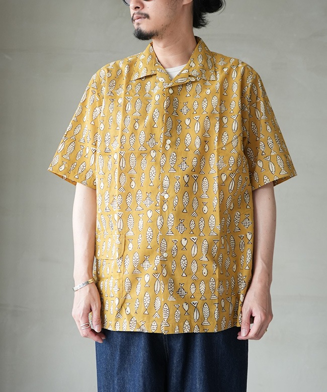 WORKERS(ワーカーズ) Open Collar Shirt -Fish Block Print-オープン
