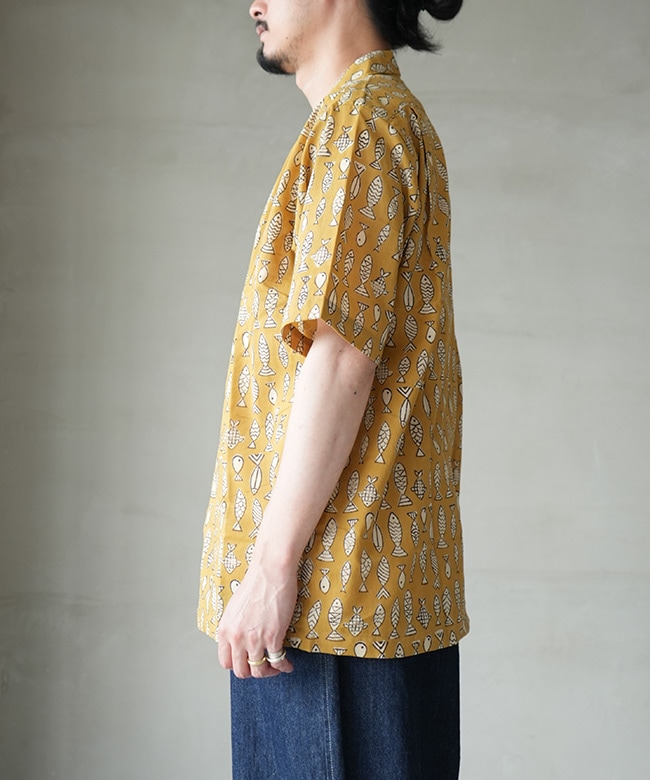 WORKERS(ワーカーズ) Open Collar Shirt -Fish Block Print-オープン