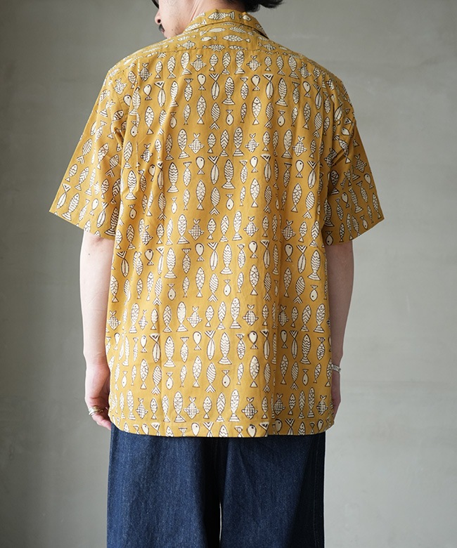 WORKERS(ワーカーズ) Open Collar Shirt -Fish Block Print-オープン